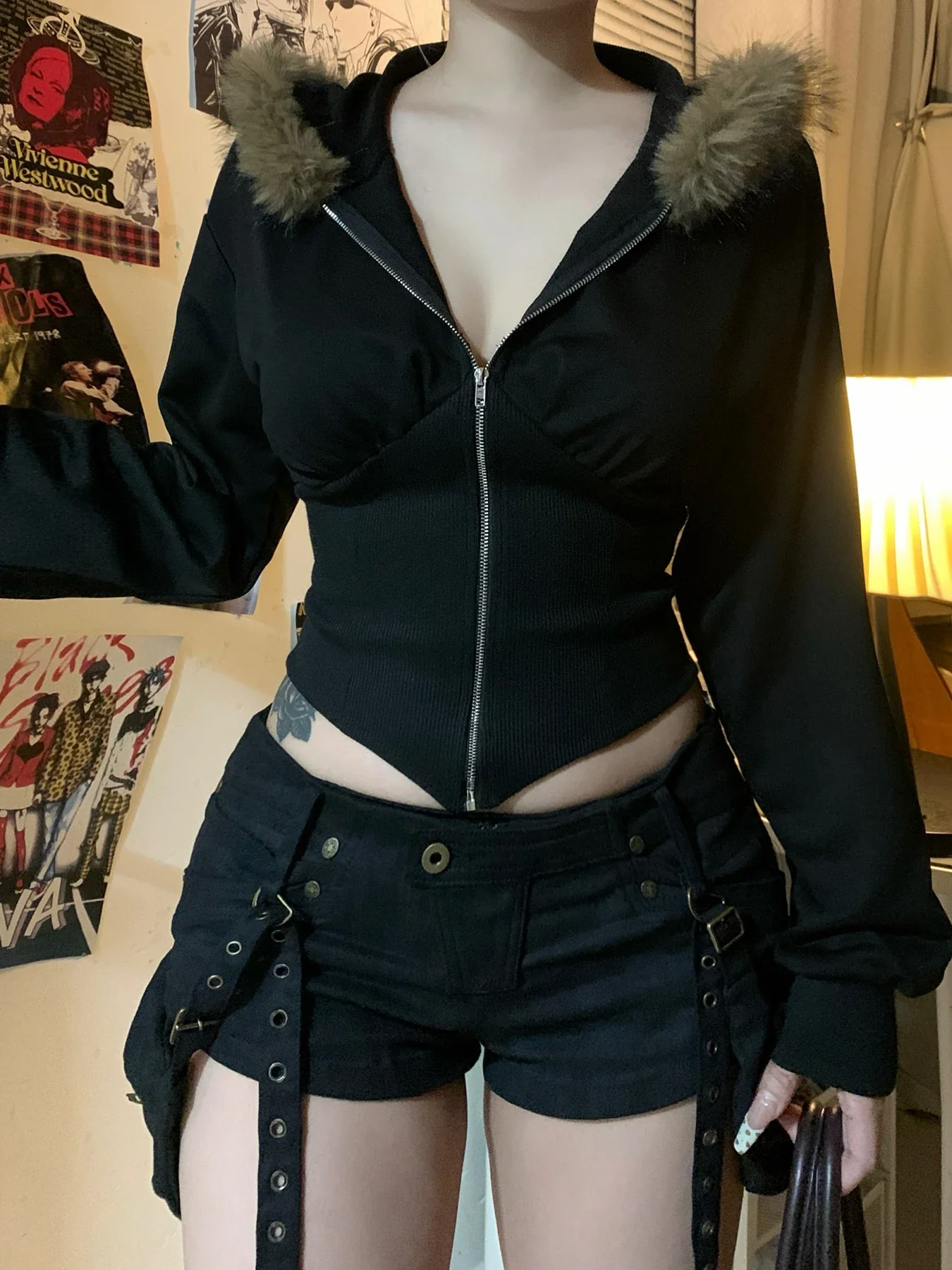 FDEY Zip Up Fur Neck Hoodie Coats Fashion Slim Solid Y2K Vintage Women's Jackets Casual Streetwear Chic Basics Clothes