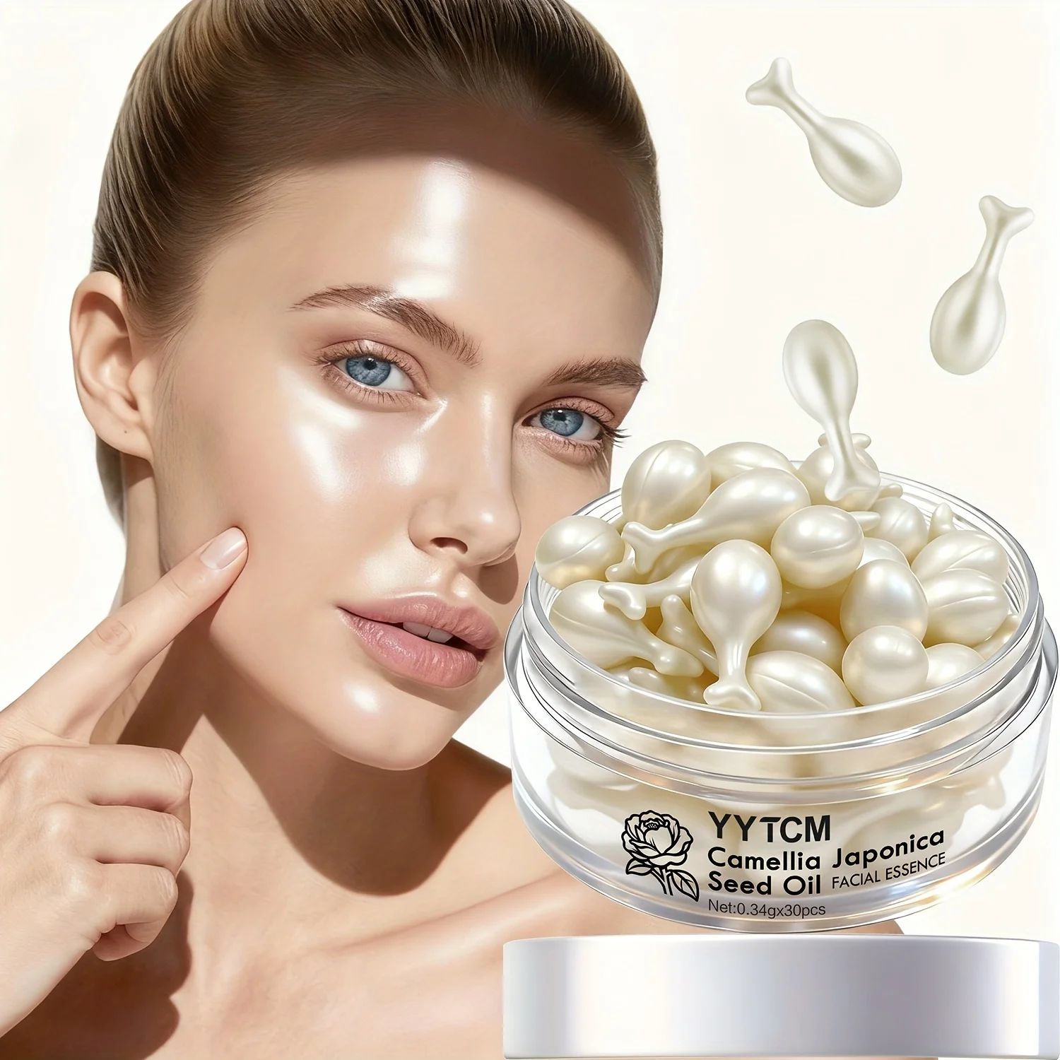 Camellia Seed Oil Essence Capsules, Moisturizing and Firming Essence, Contains Squalane, Fullerene, Ginseng Root Extract, Niacinamide, Vitamin E, Retinol, Deep Hydration (0.34Gx30 Capsules)/Bottle-1 Bottle