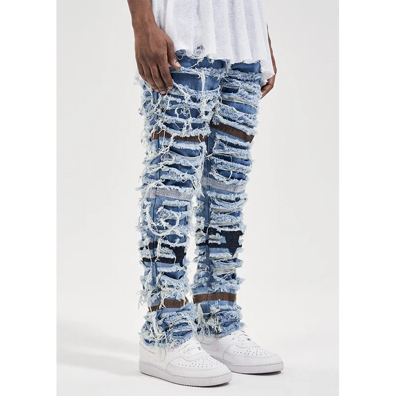 High Street Designer Wear Retro Big Damage Knife Cut Contrast Color Distressed Fashion Beggar Style Slim Stretch Jeans