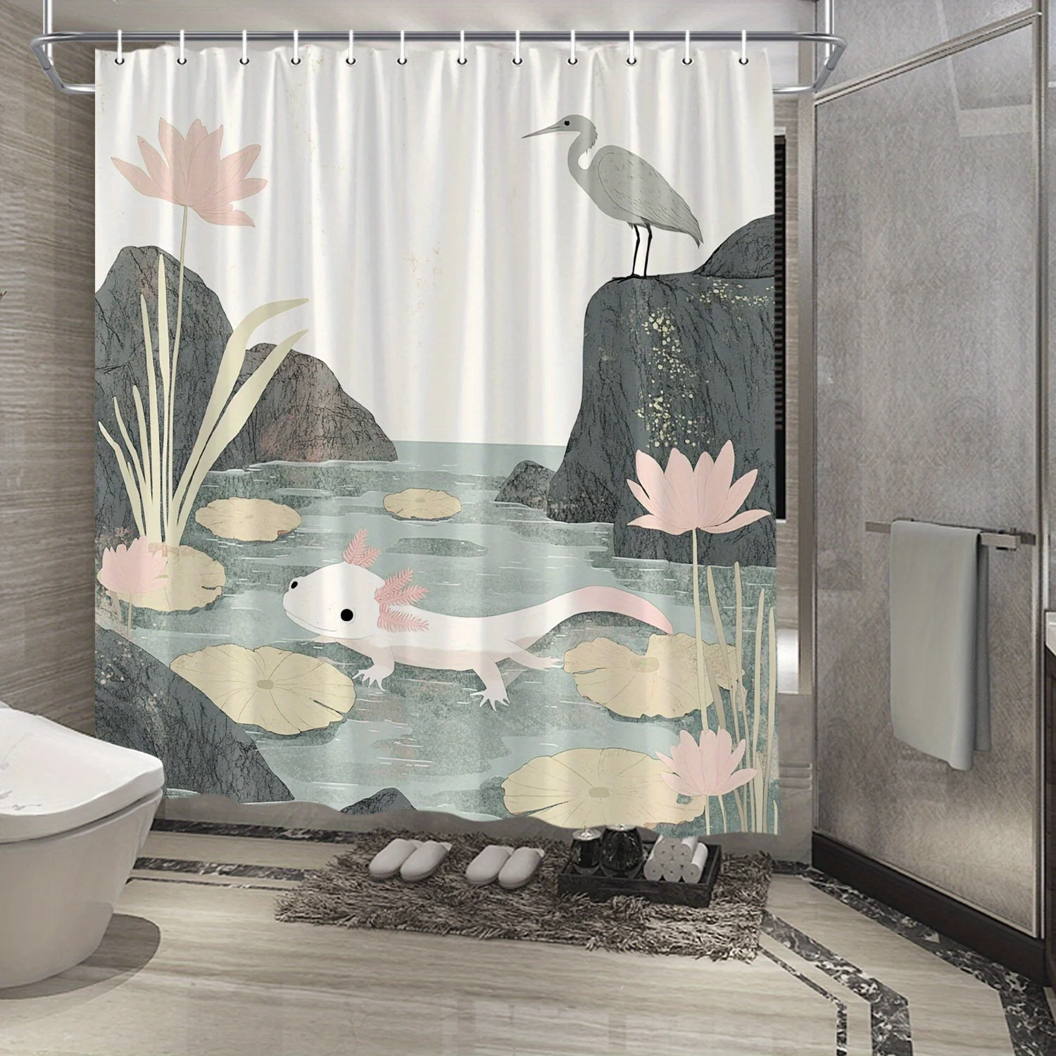 Playful Watercolor Shower Curtain - Axolotl & Heron Design, Soft Colors, 12 Hooks Included, 70x70 Inches