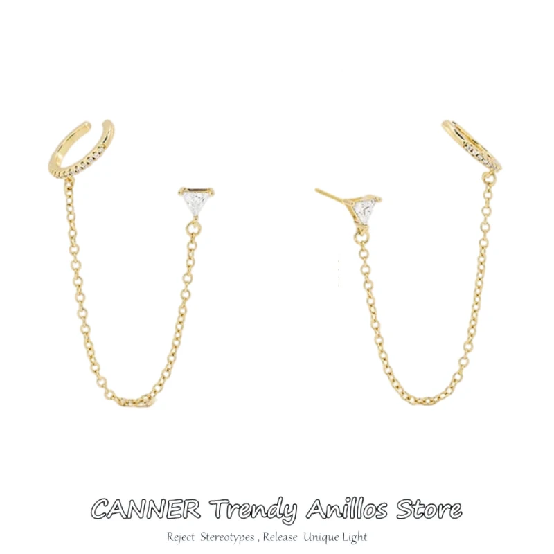 CANNER Plata 925 Sterling Silver Simple Triangle Zircon Connected Initial Chain Stud Earrings Pave Zircon Ear Clips Fine Jewelry