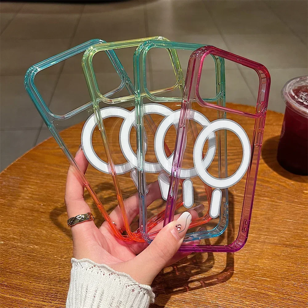 GradientสีสันสําหรับMagsafeเคสโทรศัพท์แม่เหล็กสําหรับ 17 Air 16E 15 14 Plus 13Mini 12 11 Pro Max Clear Wireless Chargeฝาครอบ