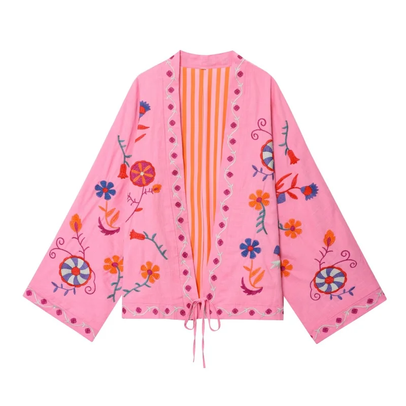 

Pink Heavy Embroidery Kaftan Long Shirt Women Summer Holiday Loose Belted Open Cardigan Sun Protection Outerwear Coat