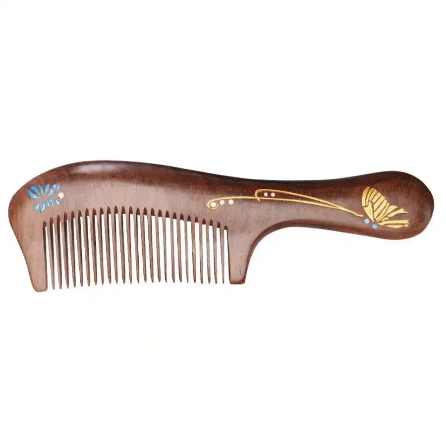 

Moon Shaped Fine Tooth Wooden Comb With Butterfly Pattern Sandalwood Hair Grooming Tool