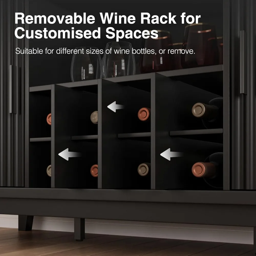 充電ステーション付きモダンな溝付きコーヒーバーキャビネット、幅47.2インチのリカーキャビネット、取り外し可能なワインラックとグラスホルダー付き