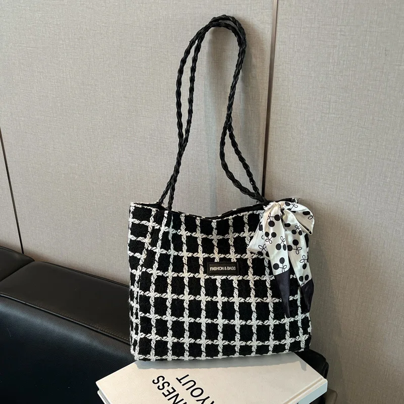 Women's Shoulder Bags Korean Plaid Fashionable Simple Versatile Large Capacity Tote Bags Portable Commuting Shopping Handbags