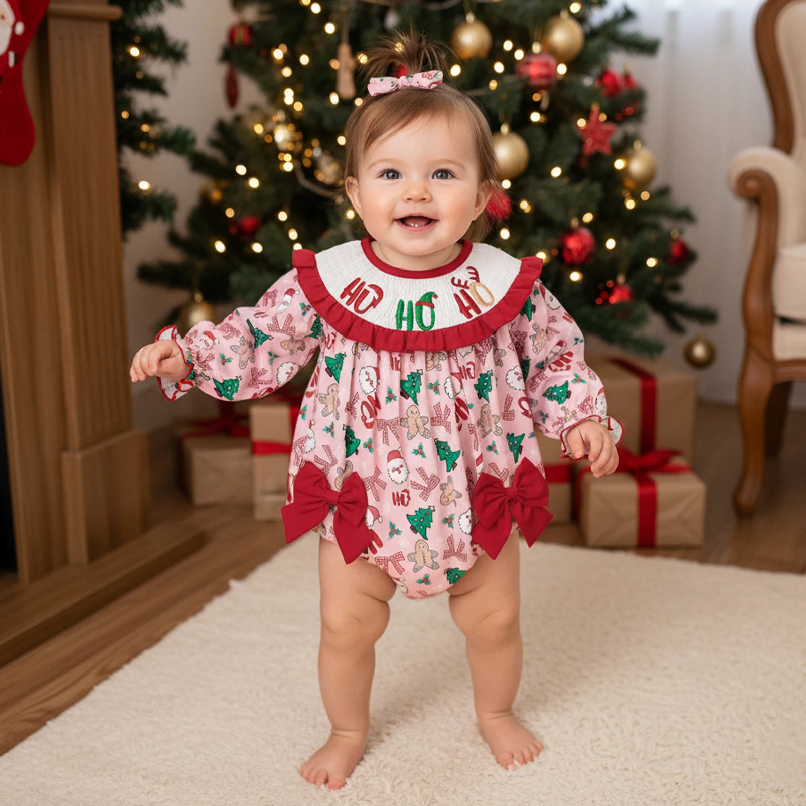 

Baby Girl Bubble Romper Christmas Tree Embroidery Smocked Long Sleeve Jumpsuit Newborn Xmas Clothes