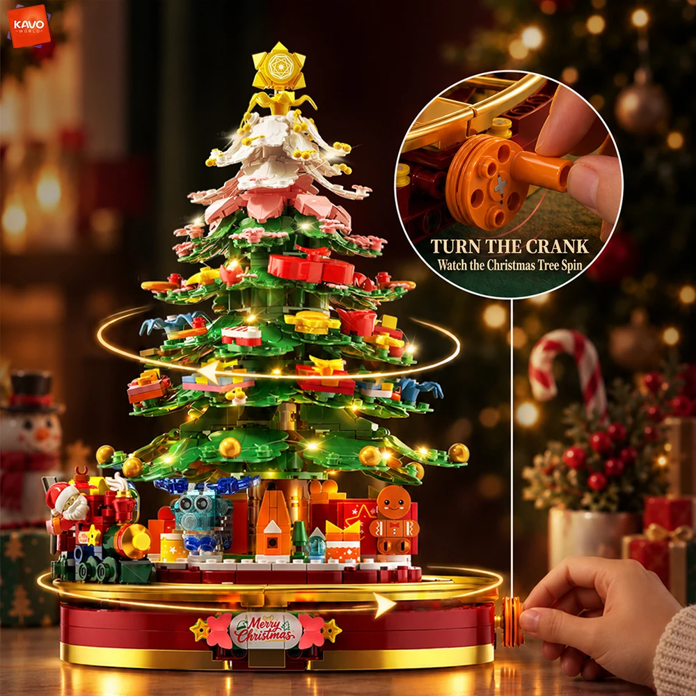 KAVOWORLD 1485PCS Rotating Christmas Tree Music Box Building Blocks Set Creative DIY Education Toys Holiday Xmas Gifts for Teens