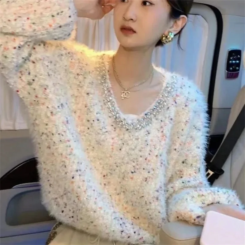 Trapano per unghie Colore Cuciture a pois Versione coreana del morbido maglione ceroso Autunno da donna Nuovo vento pigro Moda Top a maniche lunghe