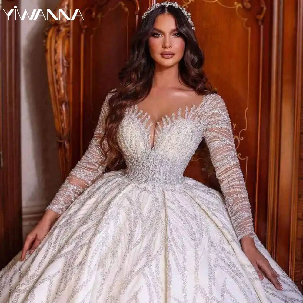 Illusion Deep V-neck Long Sleeve Bridal Dress Sequined Beads Wedding Gown Exquisite Ball Gown Long Bride Robe Vestido De Novia