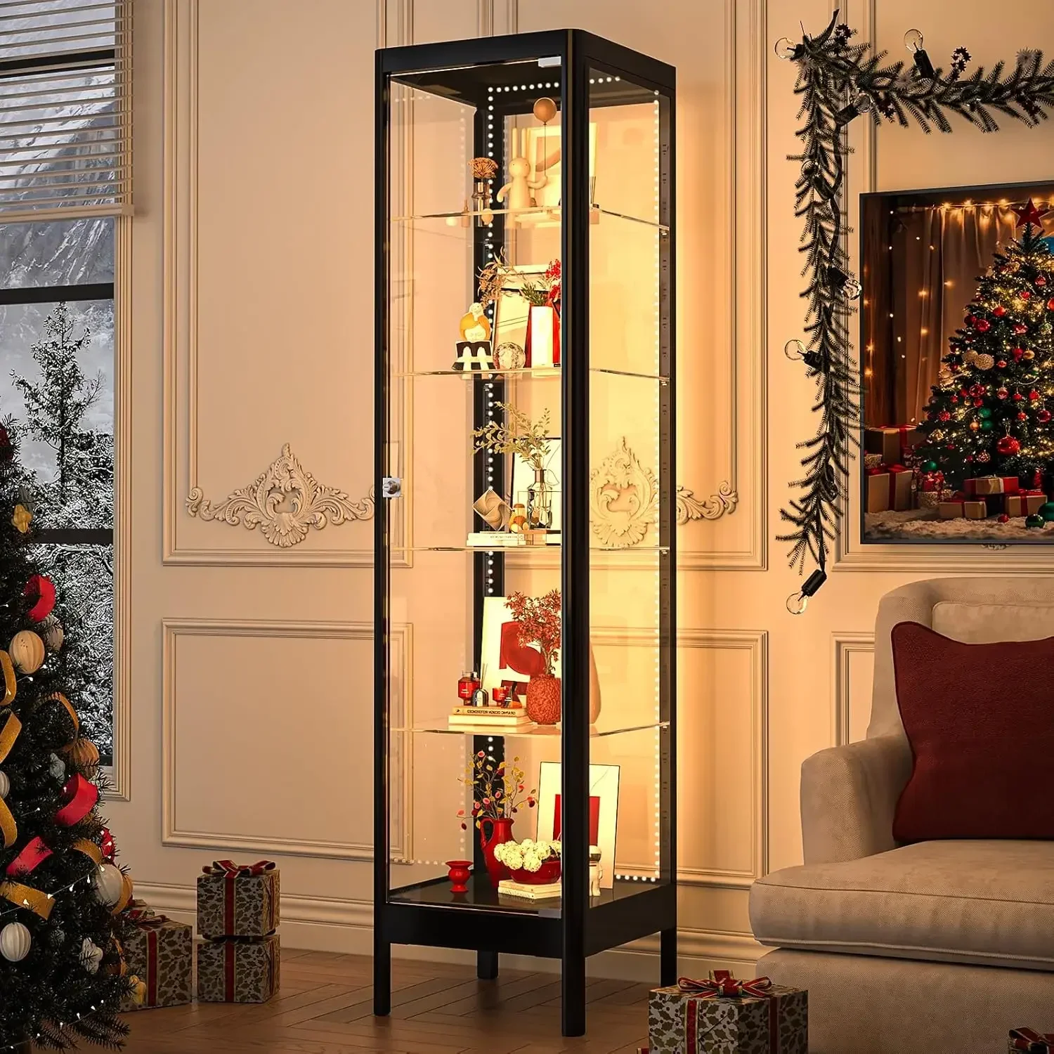 Black Locking 5Tier Glass Curio Cabinet 1Door 63Inch RGB 13Color Light Adjustable Shelves Metal Display Case For Collectibles Fi