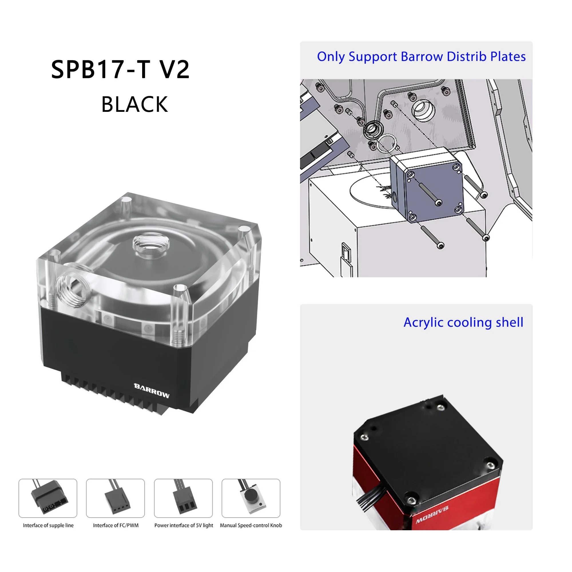 Barrow 17W DDC PWM pomp met doorlopende gaten, hefhoogte 5,5 meter, 960 l/u, 4000 tpm, regelbare pomp, geschikt voor distributieplaten SPB17-T PLUS/SPB17-T V2.
