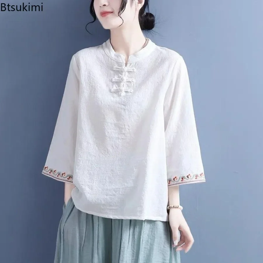 Chinese Style Jacquard Embroidery Shirt for Women Elegant Vintage Stand Collar Blouse Traditional Hanfu Casual Cotton Linen Tops