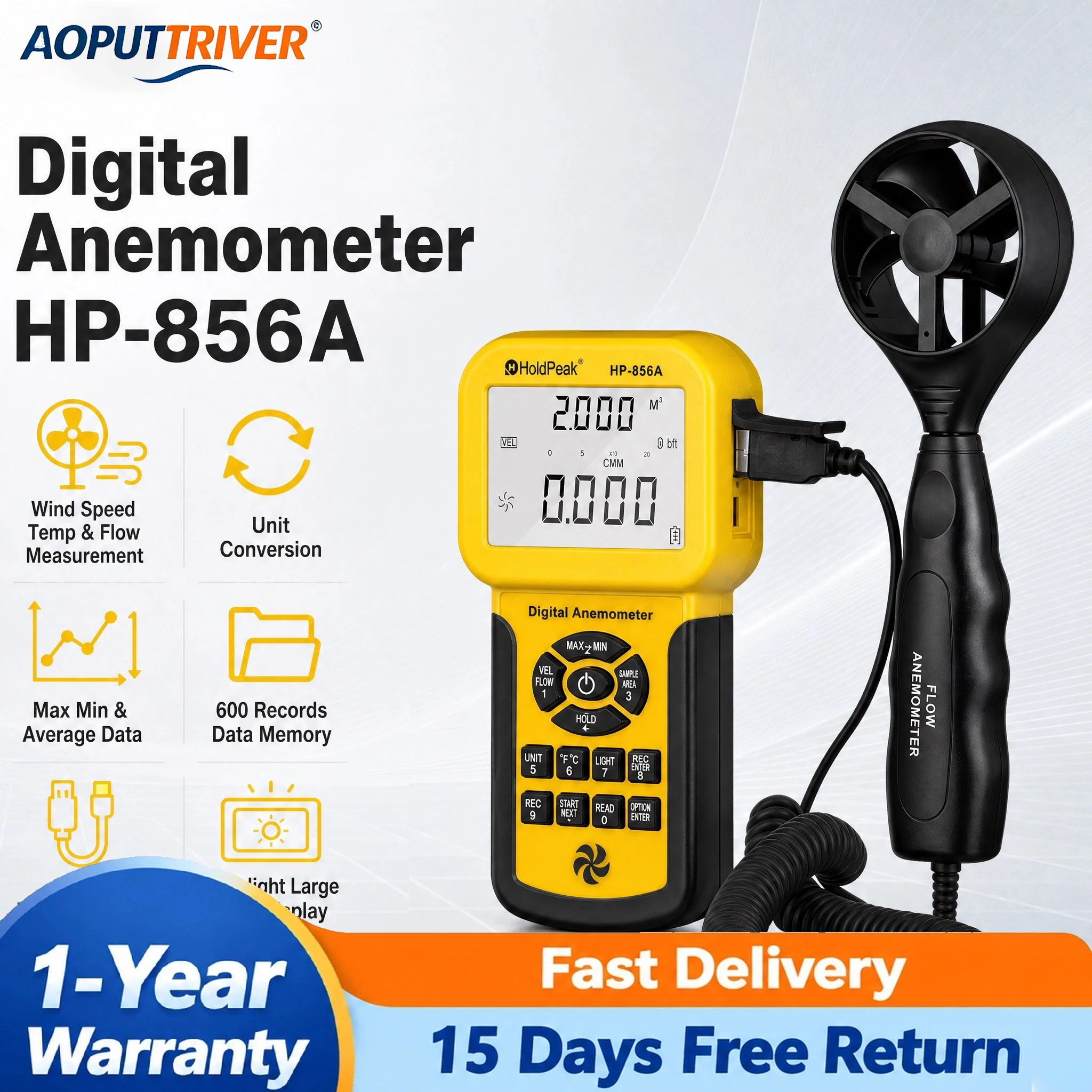 Digital Air Flow Anemometer Handheld CFM CMM Wind Speed Meter LCD Backlight USB Connect 600 Data Storage HVAC Duct Wind Gauge