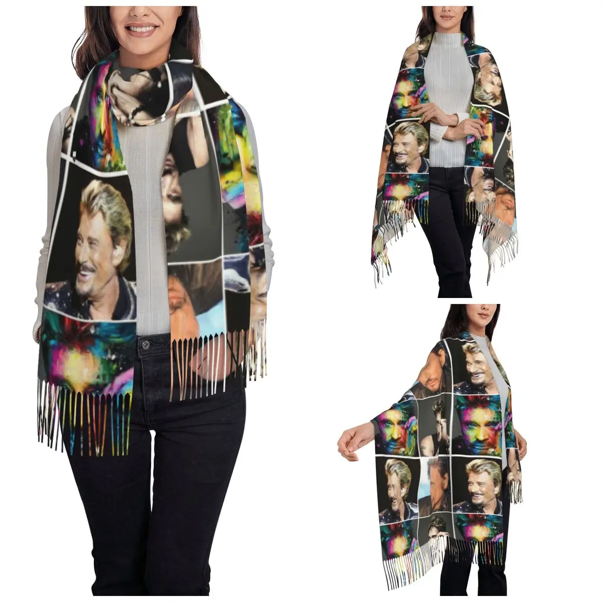 Rock Star Shawl Wrap Women Winter Large Long Scarf Johnny Hallyday Singer Neckerchief Tassel Scarves