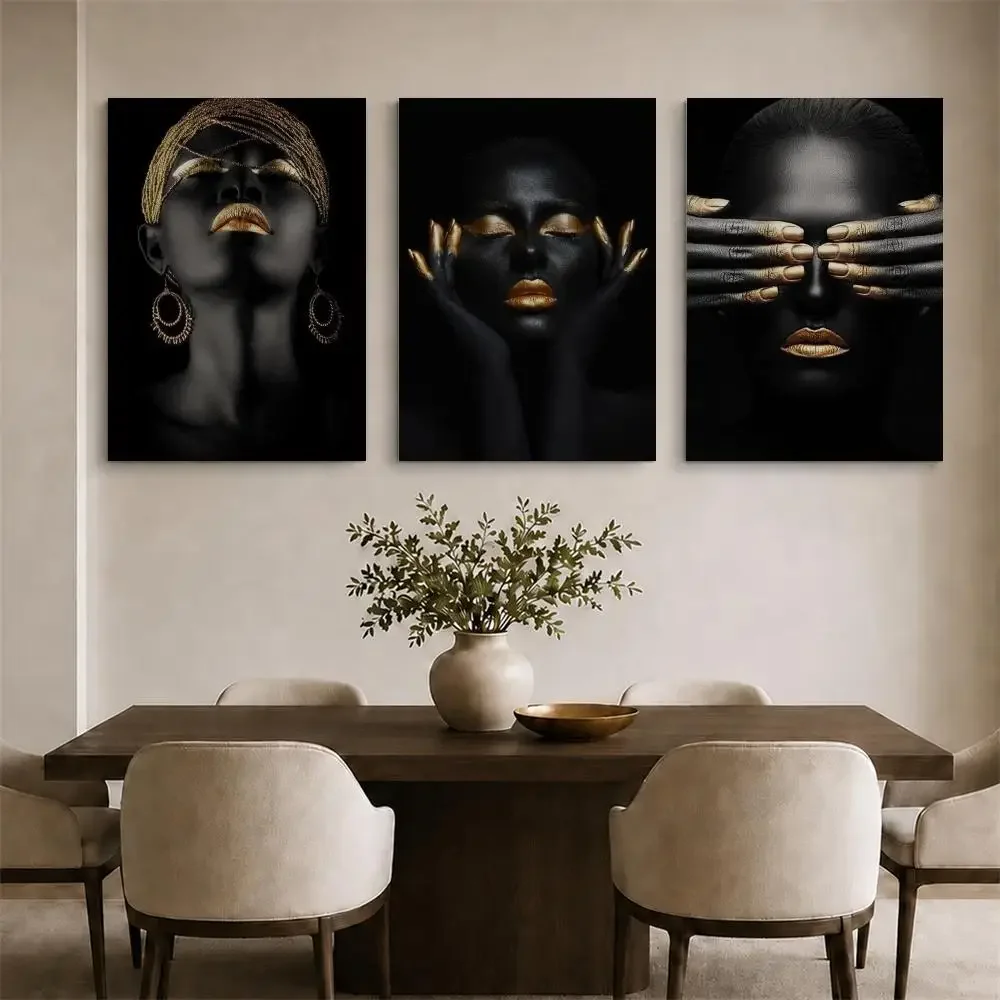 Black and Gold African Woman Portrait Framed Wall Painting Ready to Hang Canvas Poster for Living Room Bedroom Home Decor Decals