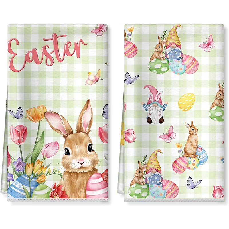 2Pcs, Easter Plaid Elf And Rabbit Kitchen Towels, 40Cm*60Cm…