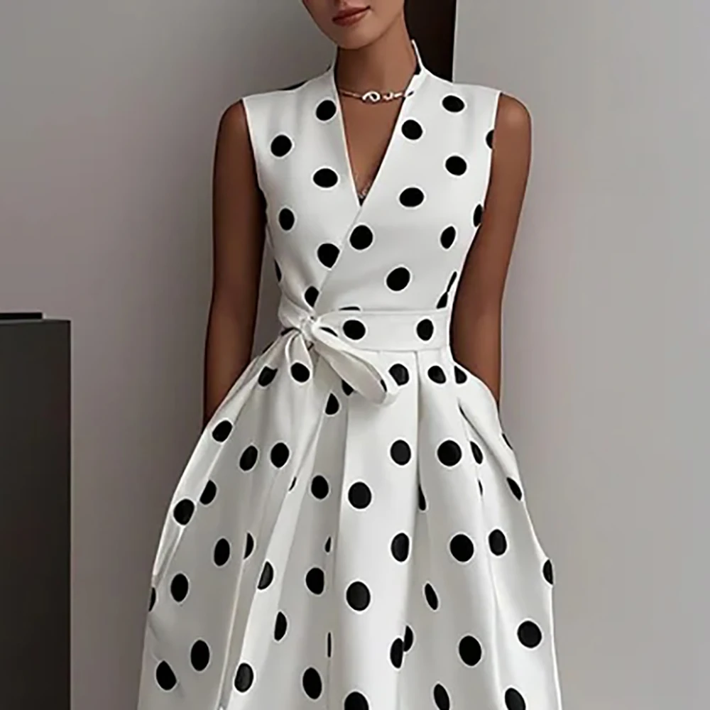 

Elegant Polka Dot Printed Midi Dress For Women Vintage Sleeveless With Belt Formal Office Ladies Wedding Party Fashion Dresses