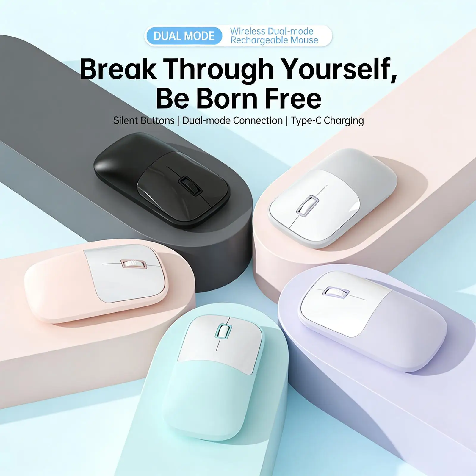 

Cute Candy-colored Dual-Mode Wireless Mouse 2.4G+Bluetooth Type-C Charging Silent Ergonomic Portable Mice for Laptop PC Office