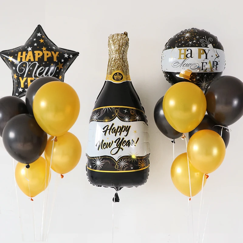 15 PCS New Year's Themed Party Pentagram Wine Bottle Shaped Black Gold Balloon Pillars 2024 Home Decoration  New Year's Eve