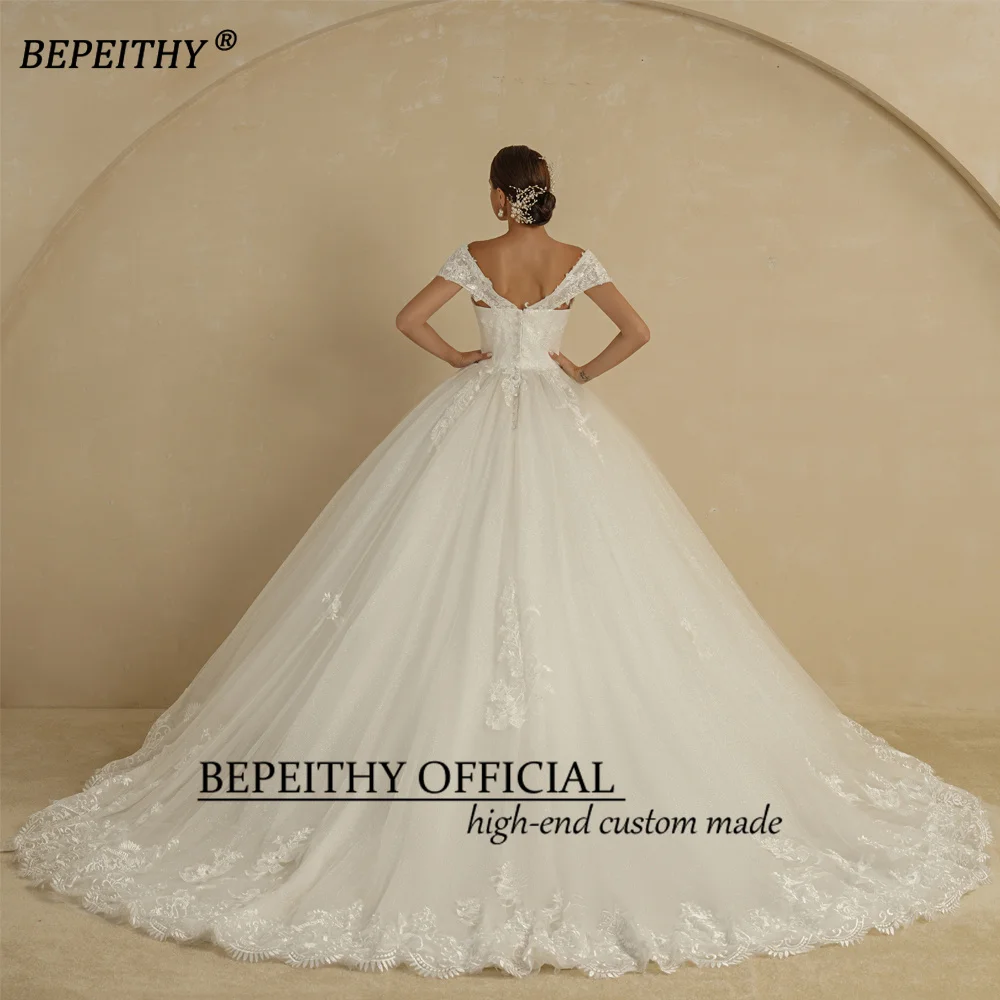 BEPEITHY Sexy Deep V Neck Ball Gown Wedding Dresses 2022 Bride Sleeveless Court Train Glitter Ivory Bridal Gowns For Women Hot