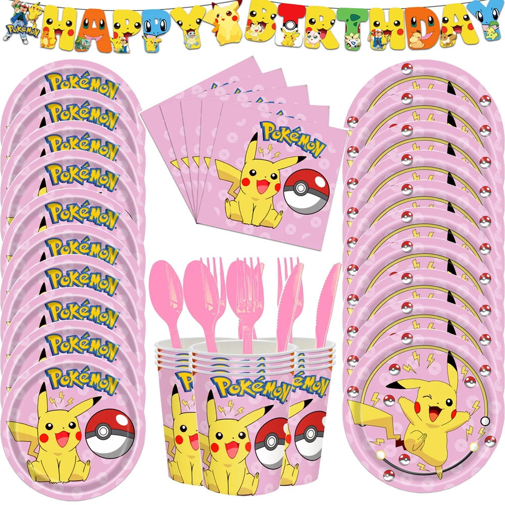 Pokemon Birthday Party Decorations Pikachu Tableware Paper Plates Napkins Cups Party Favor Baby Shower Supplies for Kids Gifts