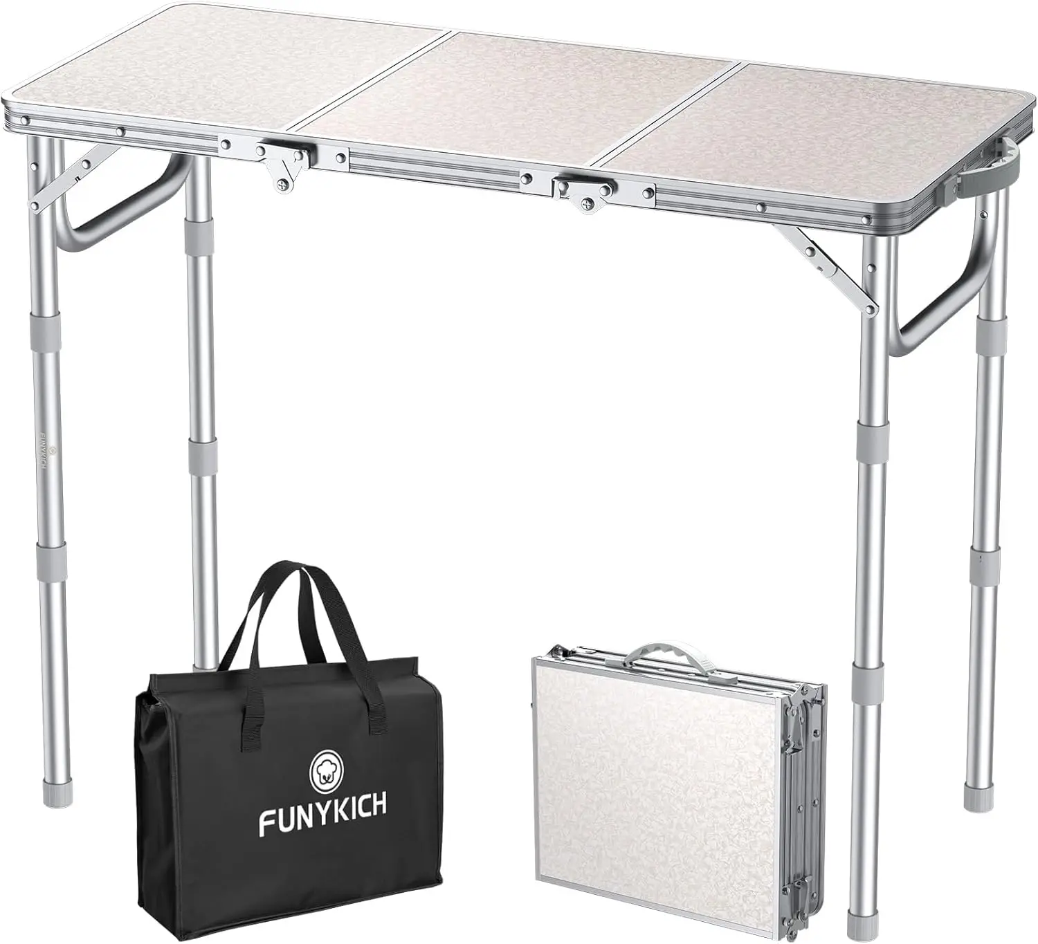 

FUNYKICH 3ft Camping Table, 3 Height Adjustable, 34.2"x15.7", Lightweight Aluminum, Portable for Outdoor, White (128 chars)