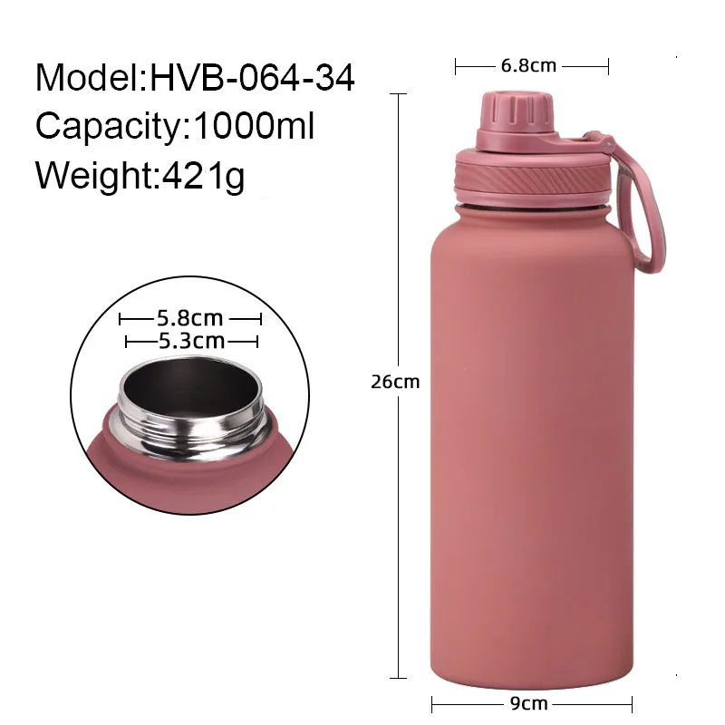 1L Large Capacity Sports Thermos Cup With Handle,Stainless Steel Vacuum Flasks,Gym Drinkware,Wide Mouth Camping Water Bottle