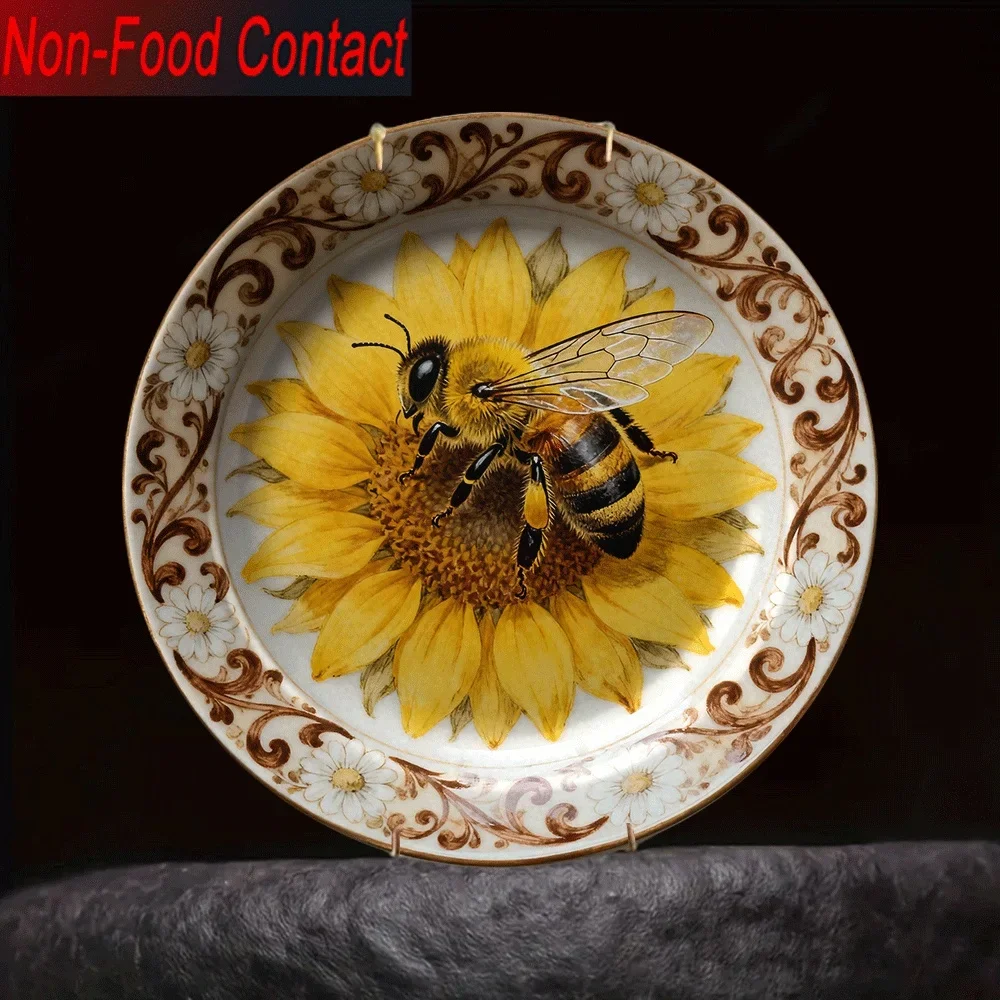 1pc Ceramic Sunflower & Bees Plate - Round Non-Food Contact Decorative Plate Suitable for Home, Table Centerpiece, Christmas,