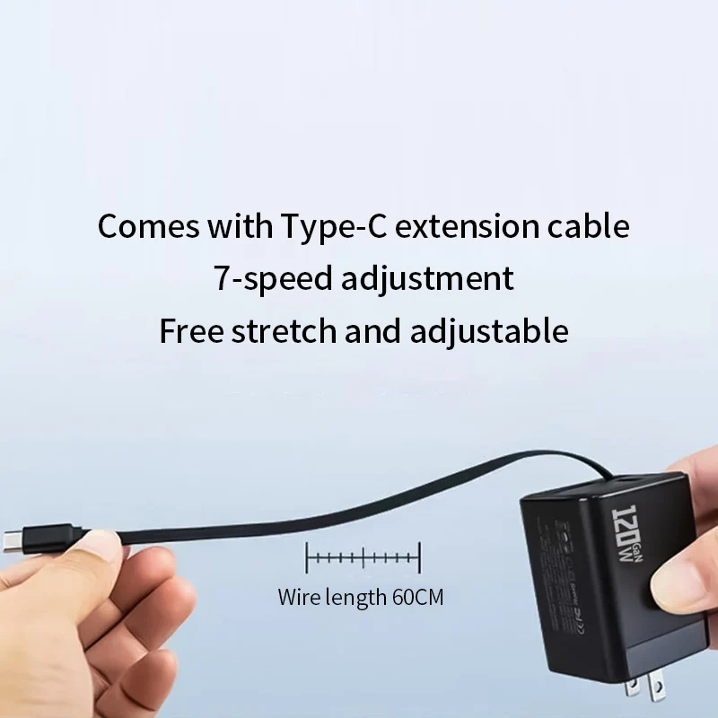 120W GaN Fast Charger Built-in Retractable Cable EU/US/UK Plug USB Type-C Wall Charger For Xiaomi iPhone Samsung/Laptops/Tablets - náhled 6