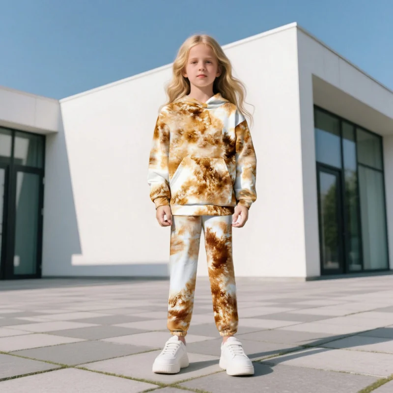 

Girls Fashion Casual Sports Tie-Dye Hooded Sweatshirt Loose Two-Piece Set 2026 Comfortable Streetwear Outfit for Teens