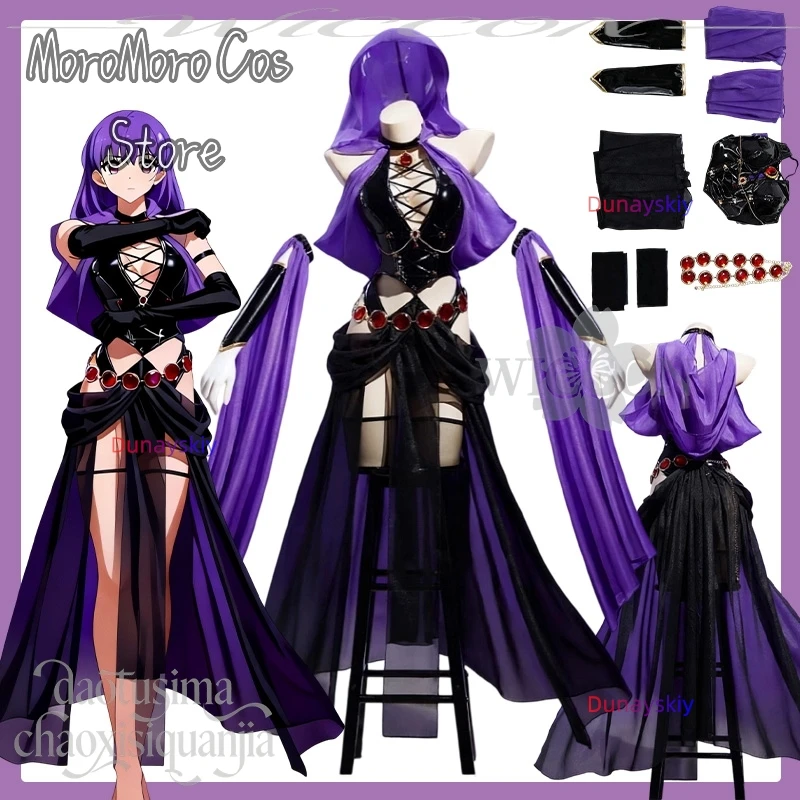 

Purple dancer's Dress Hood High Slit Jumpsuit Anime Witch Sexy Pu Lingeries Night Club Party Halloween Original Design Costume