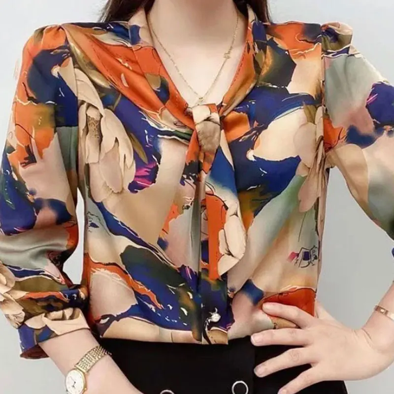 Vintage Floral Printed Fashion Scarf Collar Shirt Spring Autumn Loose Spliced Female Clothing Commute Long Sleeve Casual Blouse