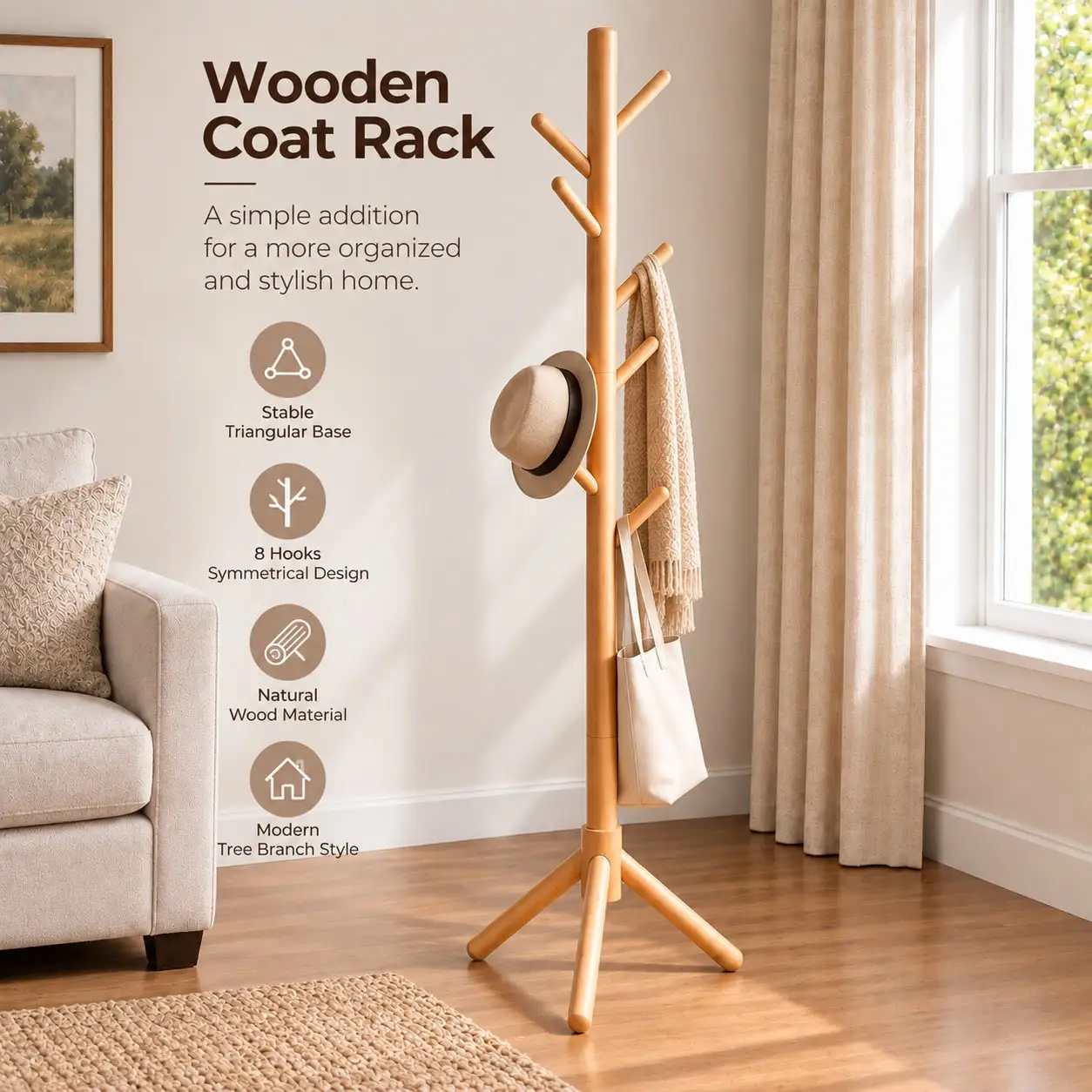 Freestanding wooden tree-style coat rack (with 8 hooks) featuring a stable tripod base; suitable for entryways and bedrooms.