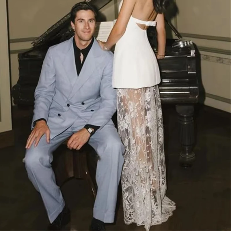 Vestido de novia blanco sin tirantes con falda de encaje, Top peplum, vestido de cóctel de corte A, vestido de fiesta hasta el suelo a la moda para vestido de fiesta