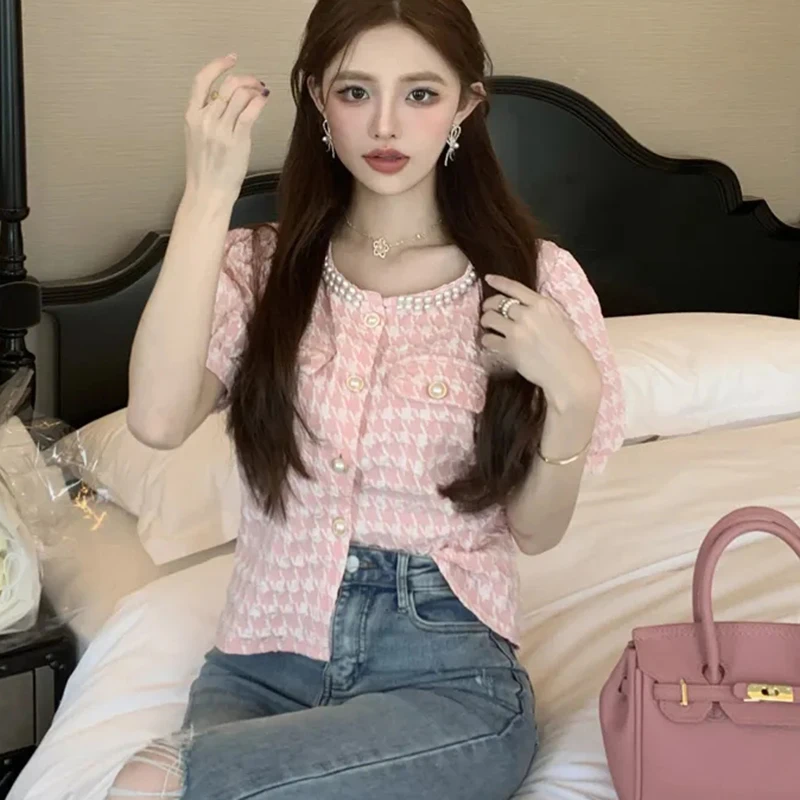 Rimocy Fashion Beading Round Neck Shirts Women Summer Korean Short Sleeve Pink Blouses Woman Chic Pearls Button Up Crop Tops