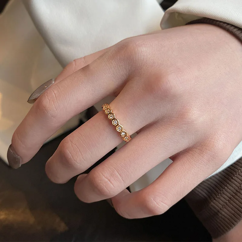 925 Sterling Silver Gold Color Hexagonal Connected Zircon Ring for Women Girls Elegance Simple Opening Ring Fashion Jewelry Gift