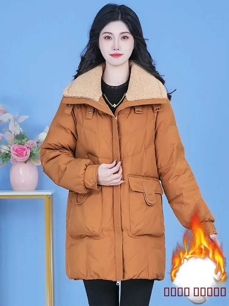 

Sli Winter Coat Women's Thiened Cotton Padded Medium Length Jaet Korean Sle Commute Button Zipper Splice Pure Color