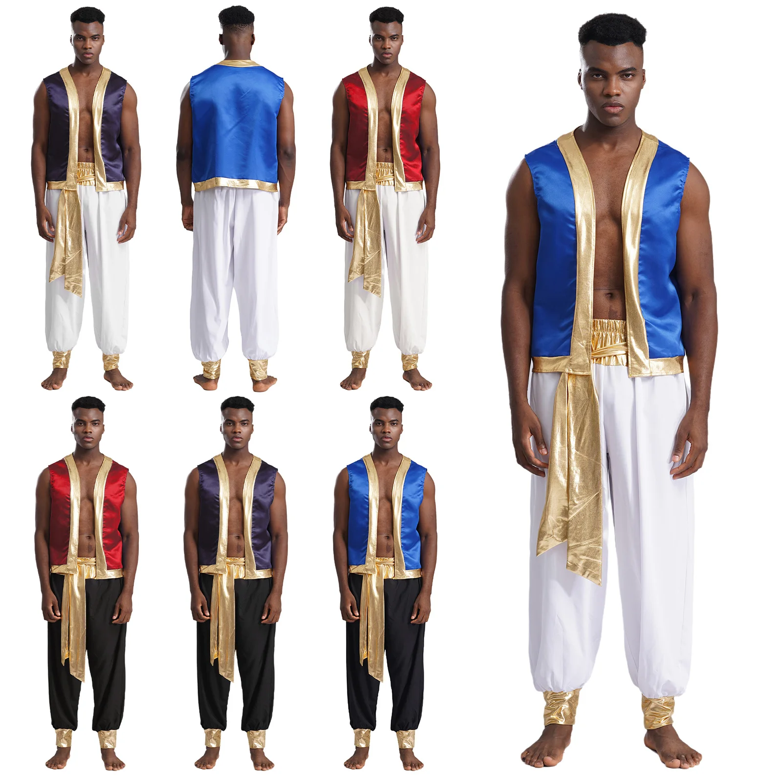 Mens Roleplay Arabian Prince Costume Metallic Shiny Trim Open Front Vest with Long Pants 2 Piece for Halloween Cosplay Party