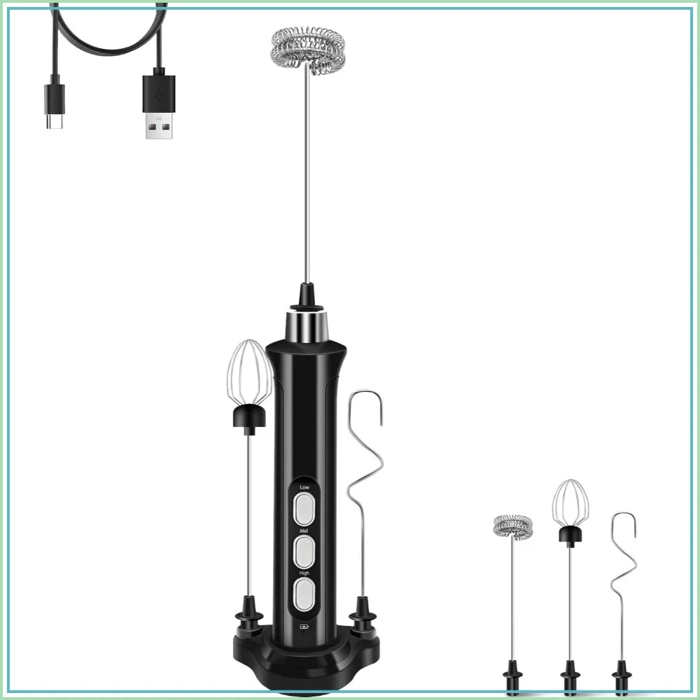 Rechargeable Milk Frother Handheld 3 Speed Adjustable with 3 Detachable Stainless Whisks, Coffee Frother, Drink Mixer fo