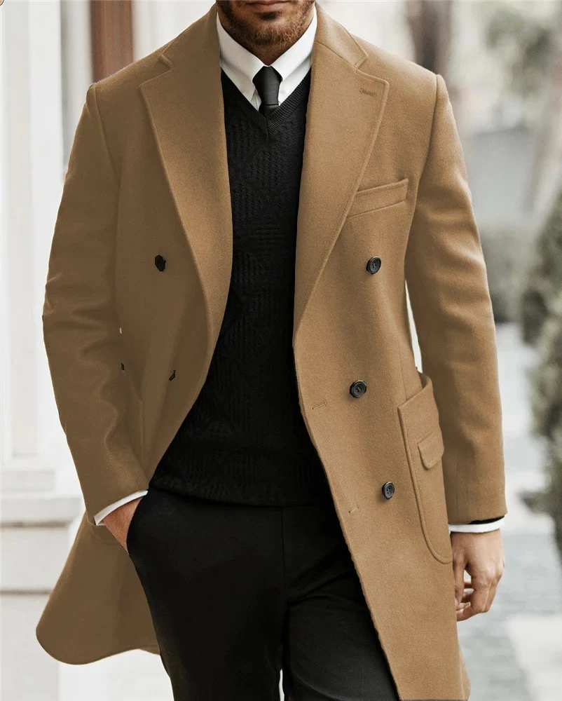 Classic Man Trench Coat Notched Lapel Full Man Terno Fashion Double Breasted Elegant Gentleman Long Coat Men's Winter Jacket