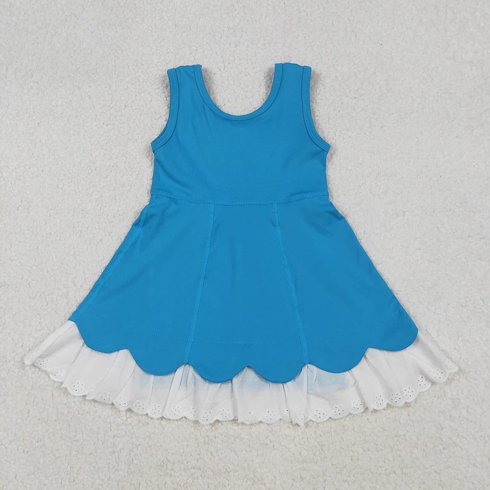 

Baby Girls Blue Sleeveless Lace Ruffle Yoga Active Knee Length Dresses Kids Girls Athletic Clothing