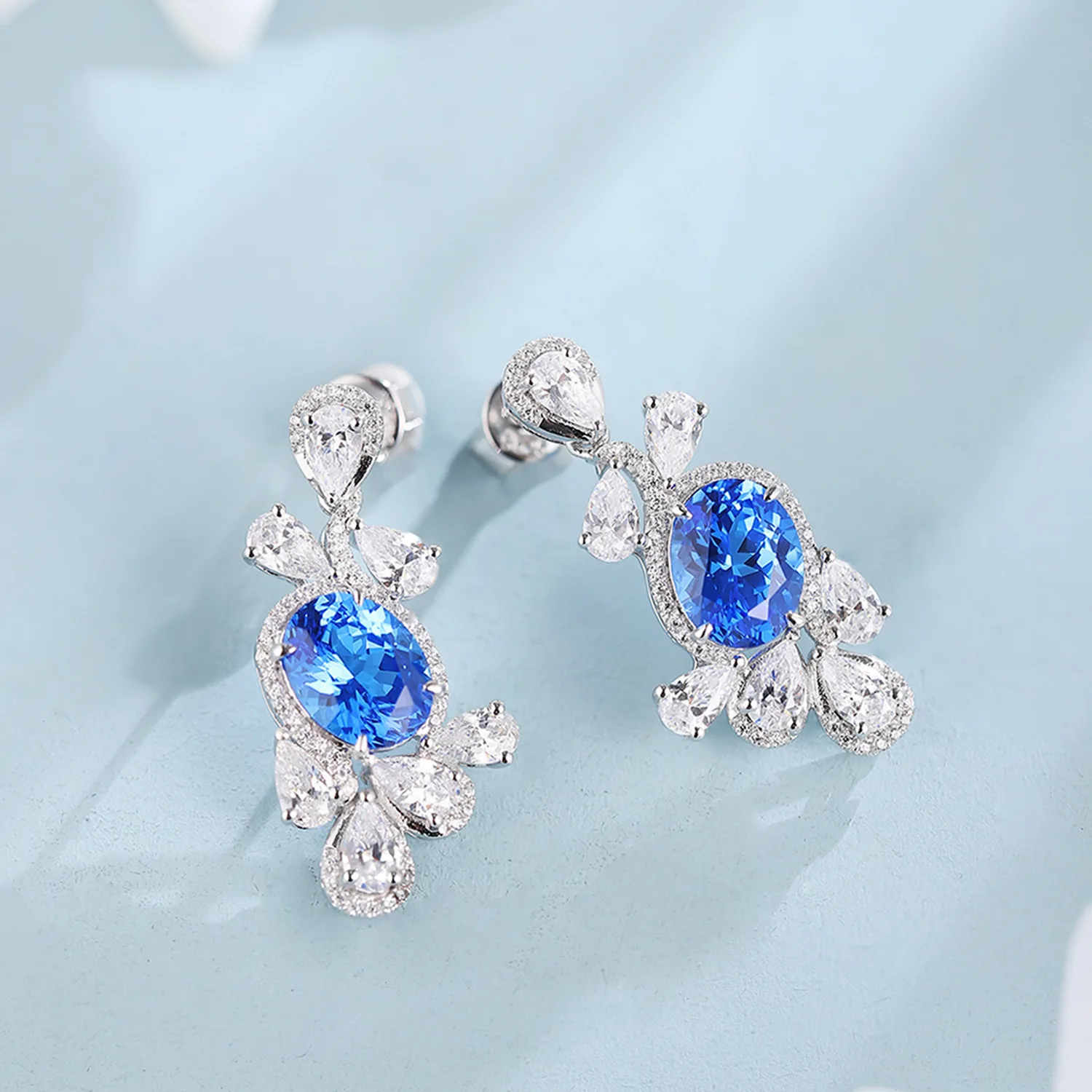 MuShan Brand Jewelry 925 Sterling Silver Earrings Lab Grown Sapphire Oval Party Wear for Women 18K Gold Plated Anniversary Earri