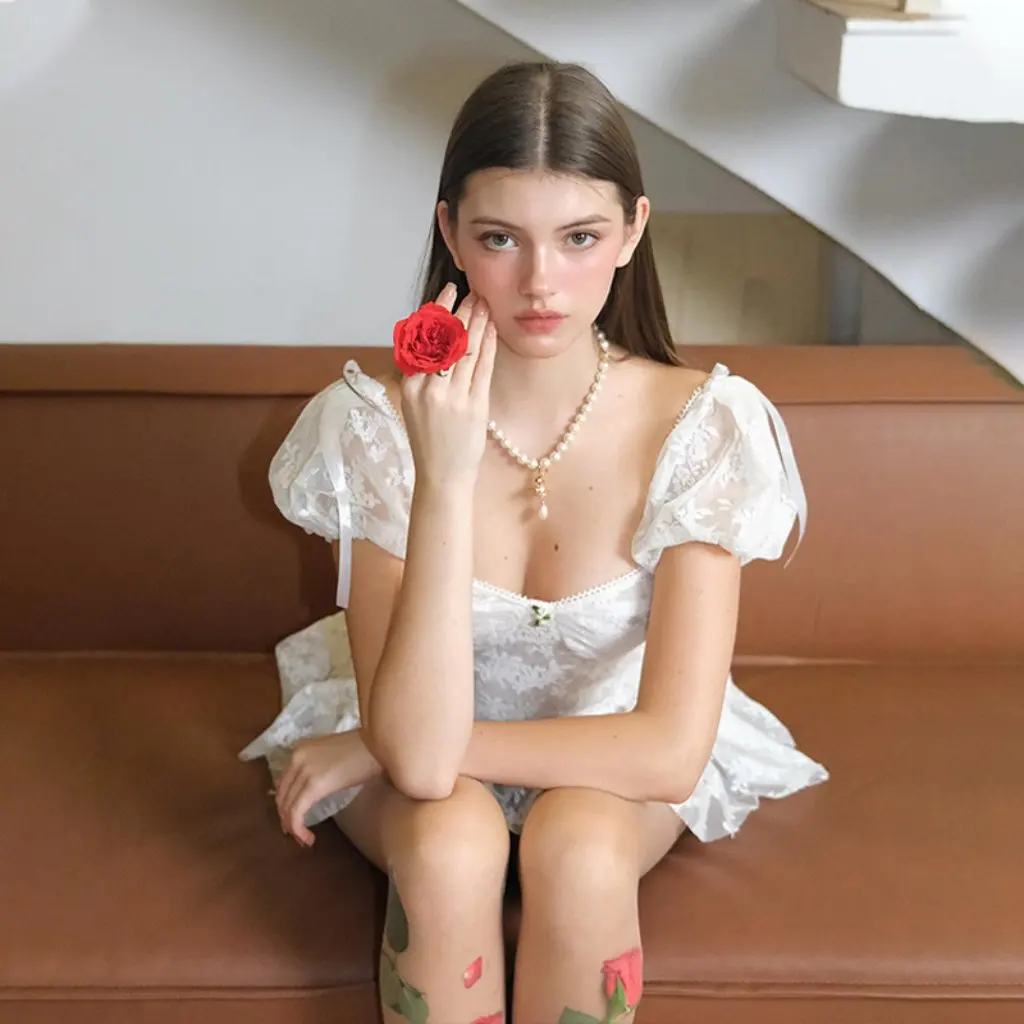 Robe en maille à col carré pour femmes, manches bouffantes, manches courtes, vêtements pour printemps et été, nouvelle collection