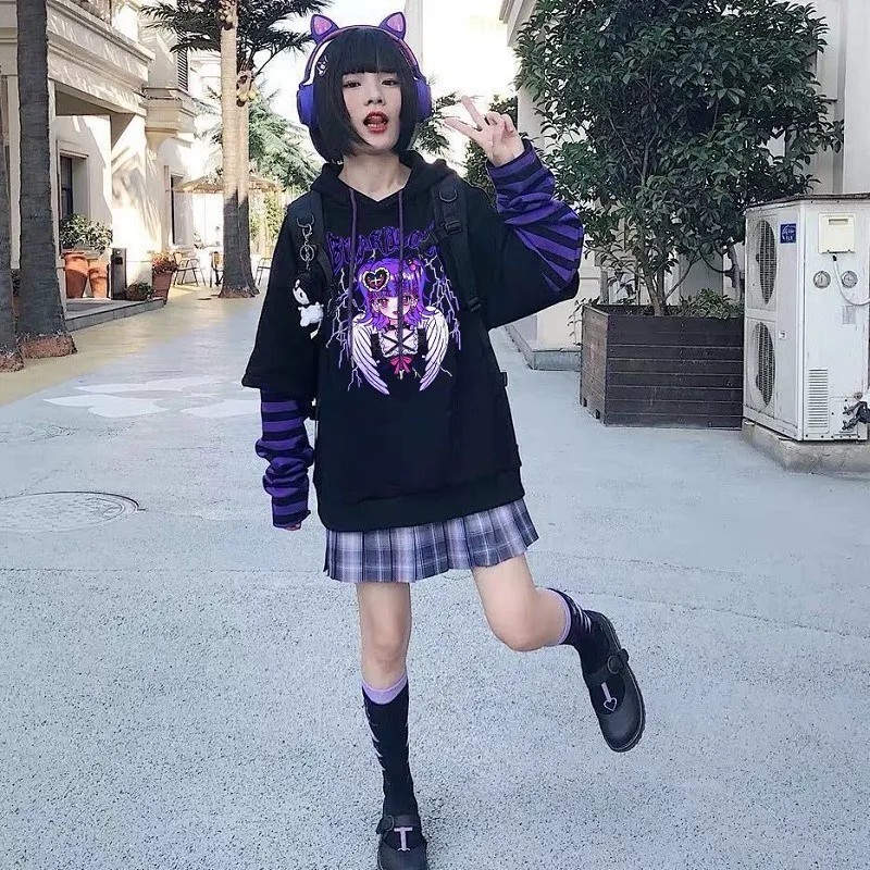 Goth Punk błyskawica anioł bluza z kapturem imitacja dwuczęściowej bluzy z kapturem w paski patchworkowe bluzy z kapturem damskie 2022 Gothic