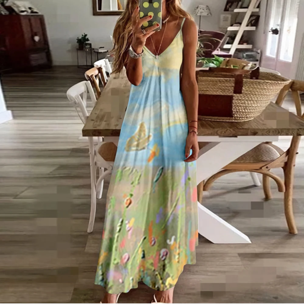 Spring Summer Women V-Neck Painting Printed Sexy Beach Long Maxi Dress Split Sleeveless Clothing Holiday Vestido