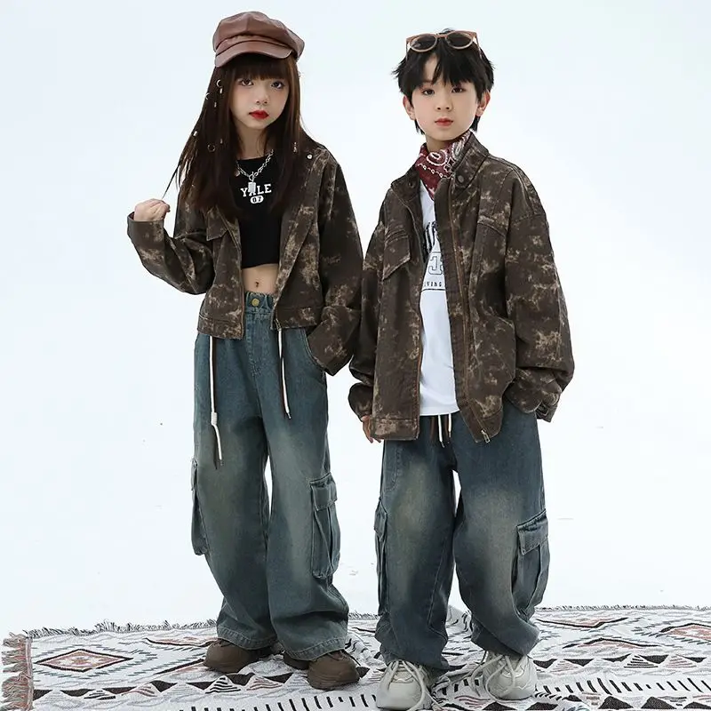 Child cost Hip Hop Costume Boys Jazz Dance Clothes Coffee Denim Vest Pants Girls Modern Dance Performance Wear Concert Outfits