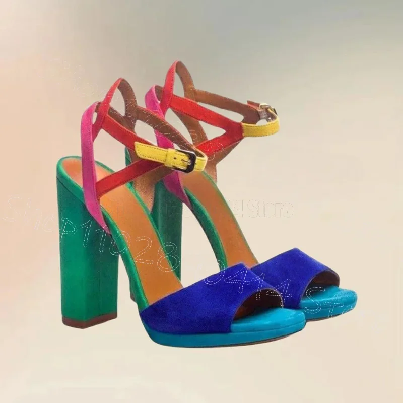 

Colorful Suede Patchwork Open Toe Sandals Buckle Strap Women Shoes Chunky High Heels Open Toe Banquet 2025 Zapatos Para Mujere
