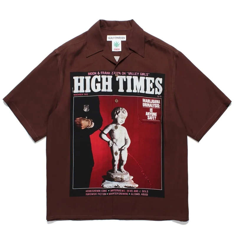 Brown Black Letters Pattern Digital Print WACKO MARIA Hawaii Short Sleeve Shirt Spring Summer High End Shirt Mens Womens