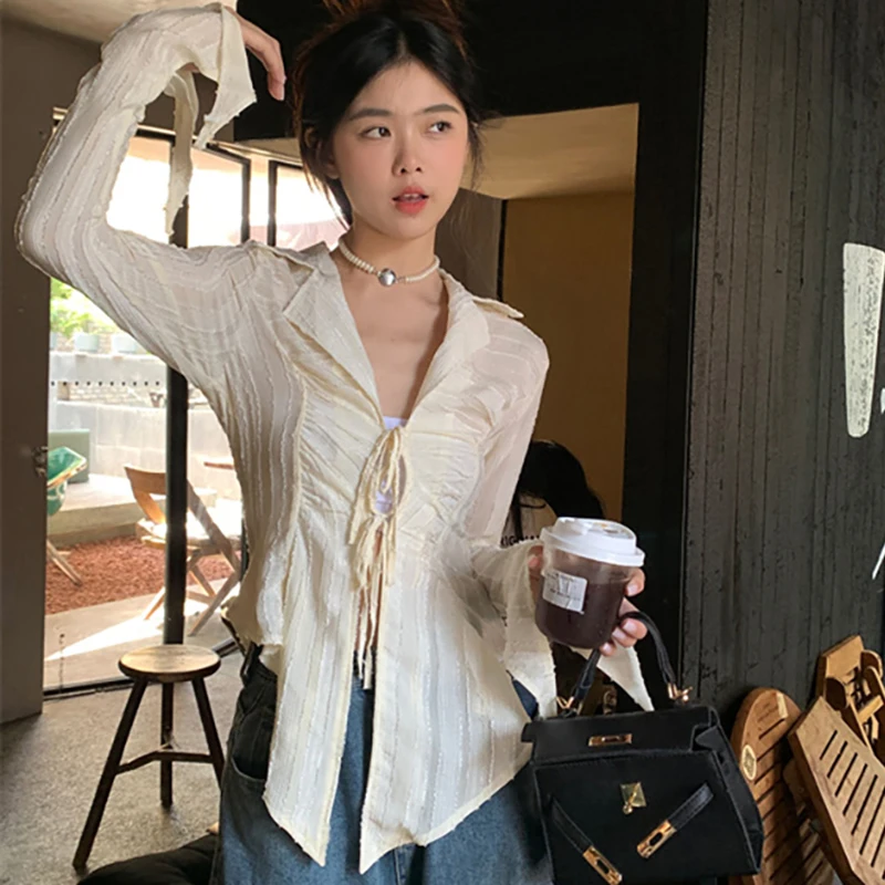 Sweet Solid Bandage Chic Women Shirt Spring Turn Down Collar New Ladies Blouse All Match Harajuku Long Sleeve Female Tops